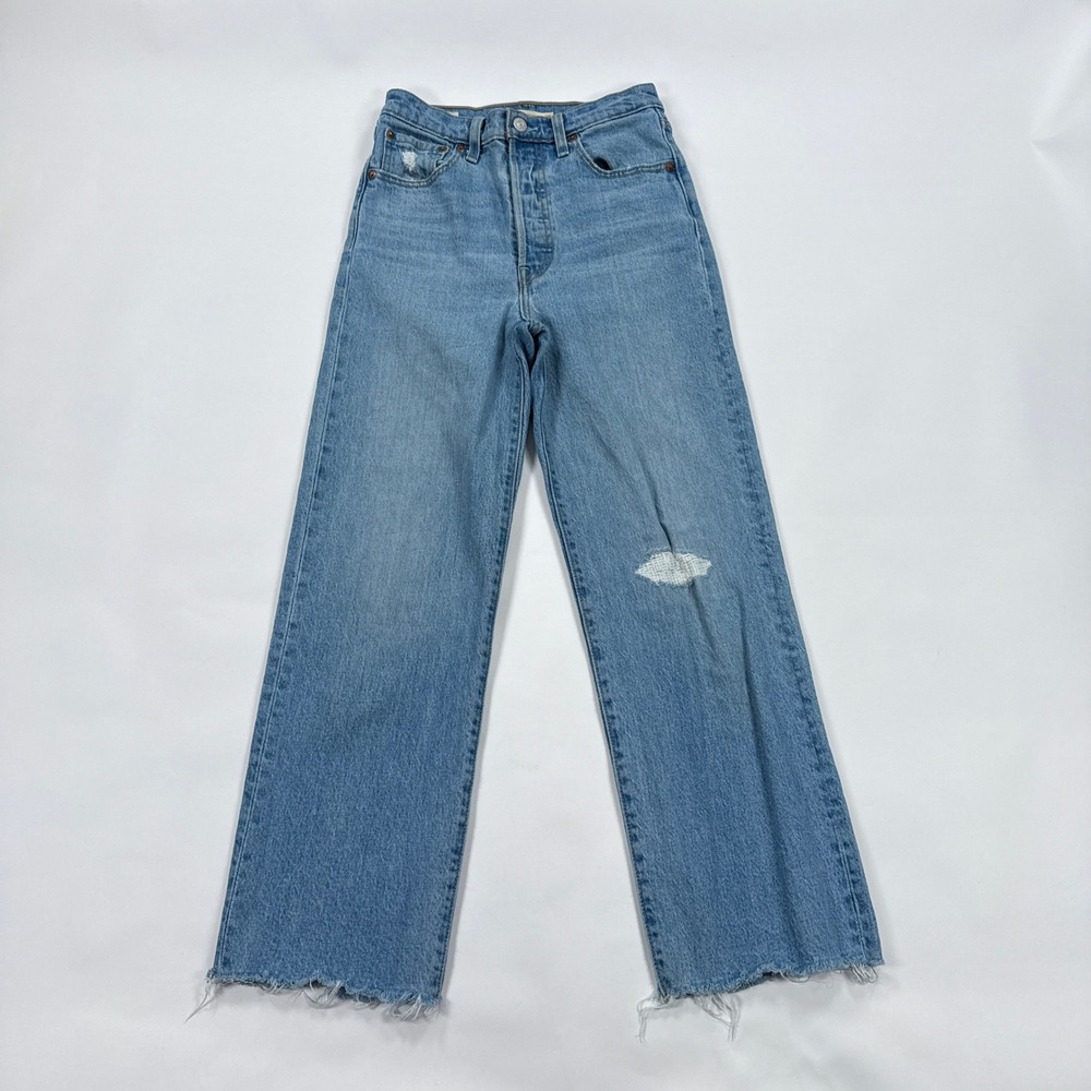 Levis Womens Jeans 25 Blue Ribcage Straight High Rise Distressed Streetwear